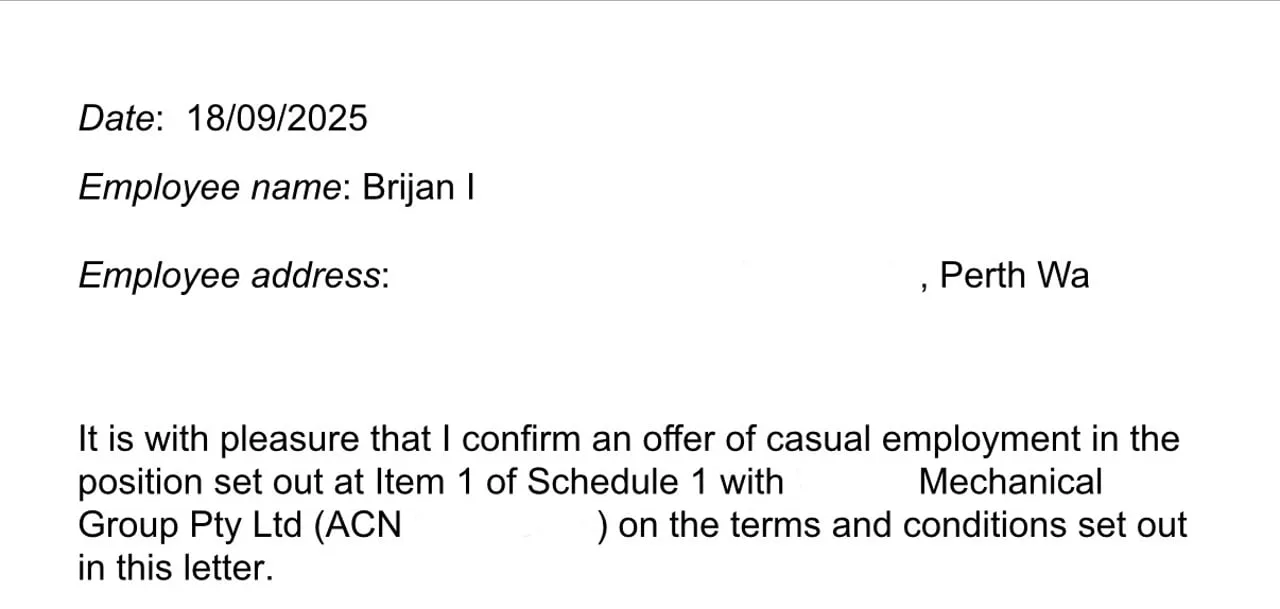 Angebotsschreiben vom 18.09.2025 für Brijan I. über eine Anstellung bei einer Mechanical Group in Perth