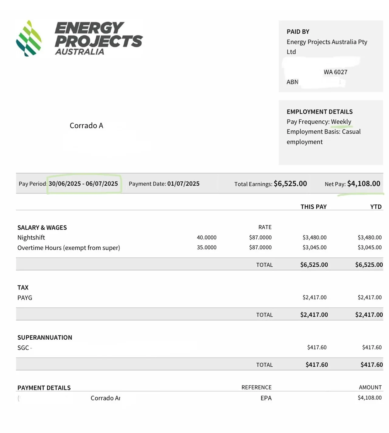 Gehaltsabrechnung von Energy Projects Australia für Corrado A.: 6.525 AUD brutto, 4.108 AUD netto für eine Woche